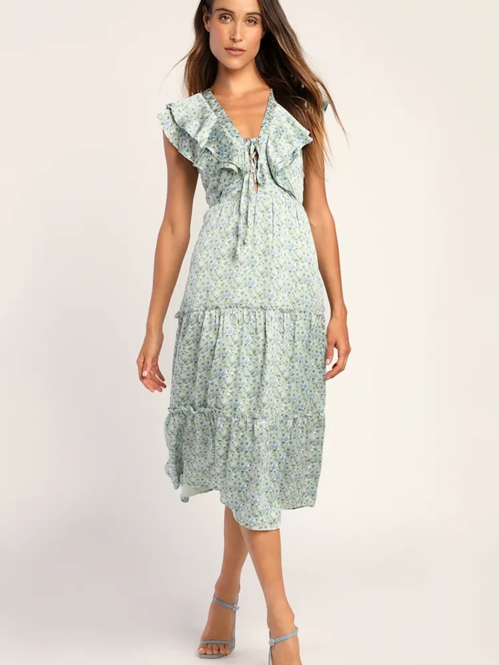 Lulu's Flourishing Flowers Green Floral Print Ruffled Tiered Midi Dress